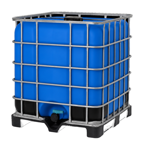Apfelessig von Entur Swiss im blauen 1000-Liter-IBC-Container mit Gitterkorb, Kunststoffpalette und Auslaufhahn